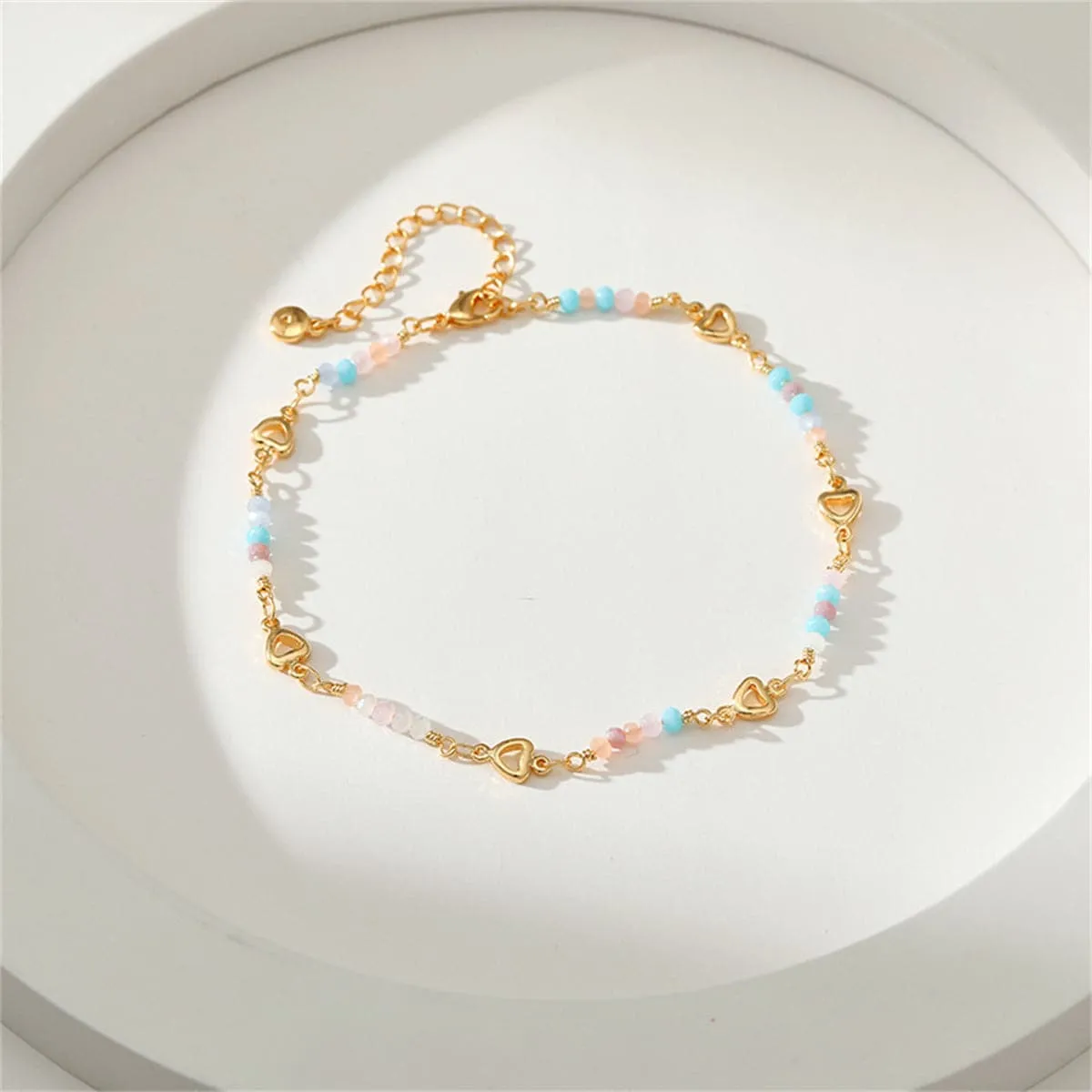 Pink Bead & 18K Gold-Plated Copper Heart Station Anklet