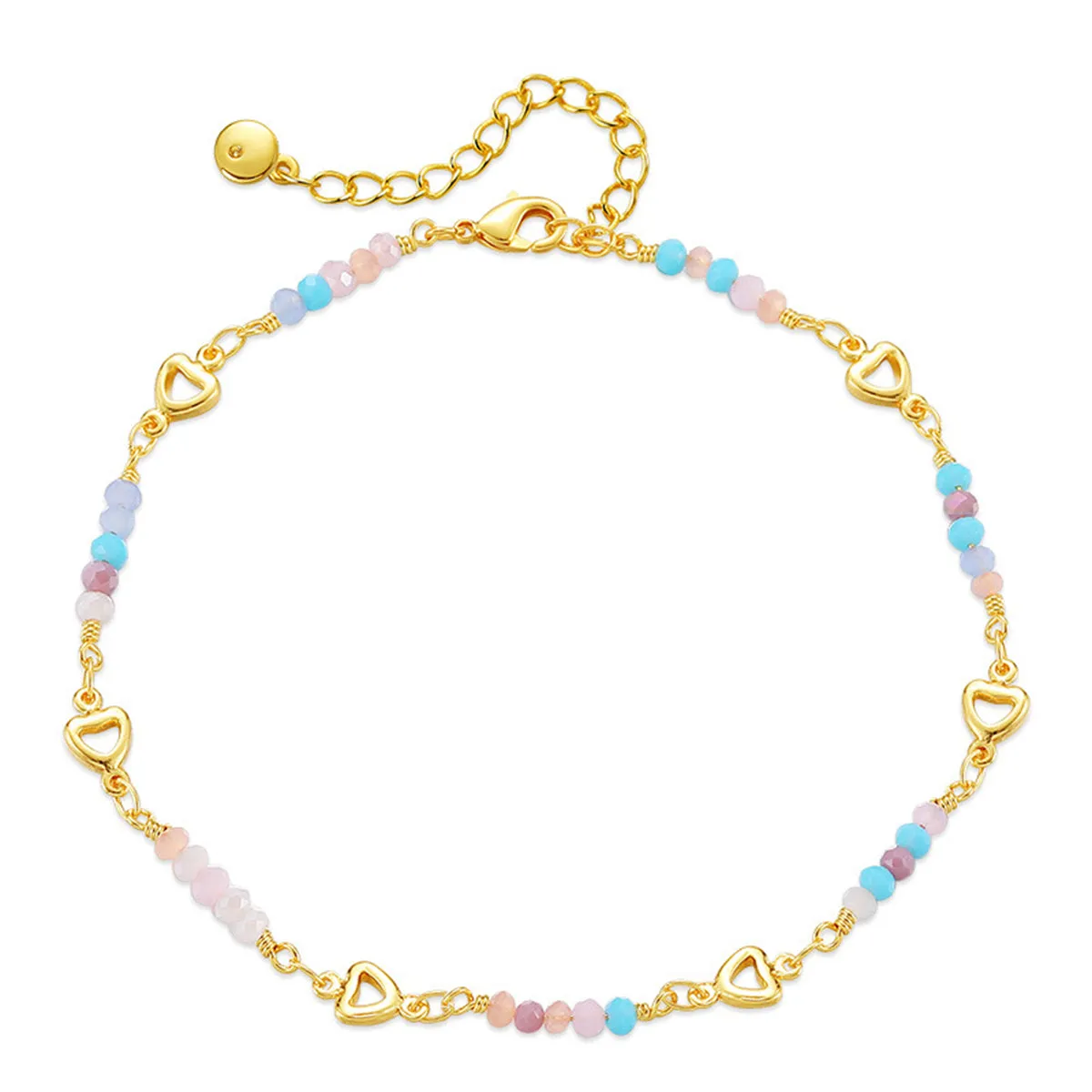 Pink Bead & 18K Gold-Plated Copper Heart Station Anklet