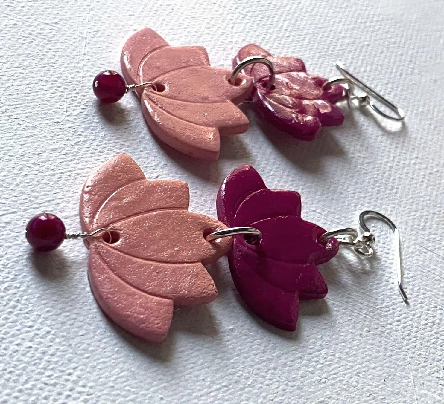 Pink Lotus Earrings/ Two tone earrings/Silver and Clay Earrings
