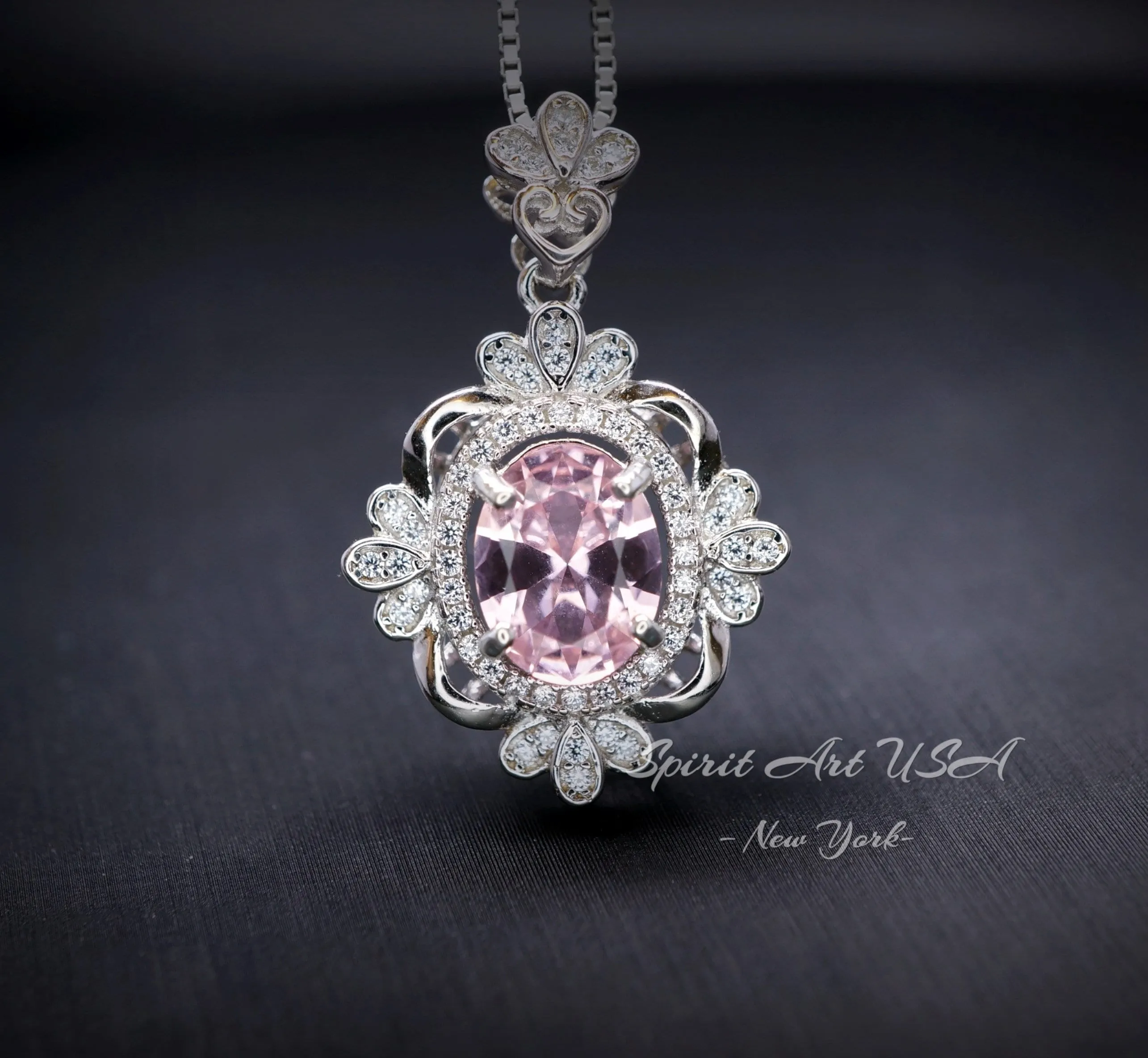 Pink Morganite Necklace - Sterling Silver Flower Gemstone 2.5 CT Morganite Pendant #643