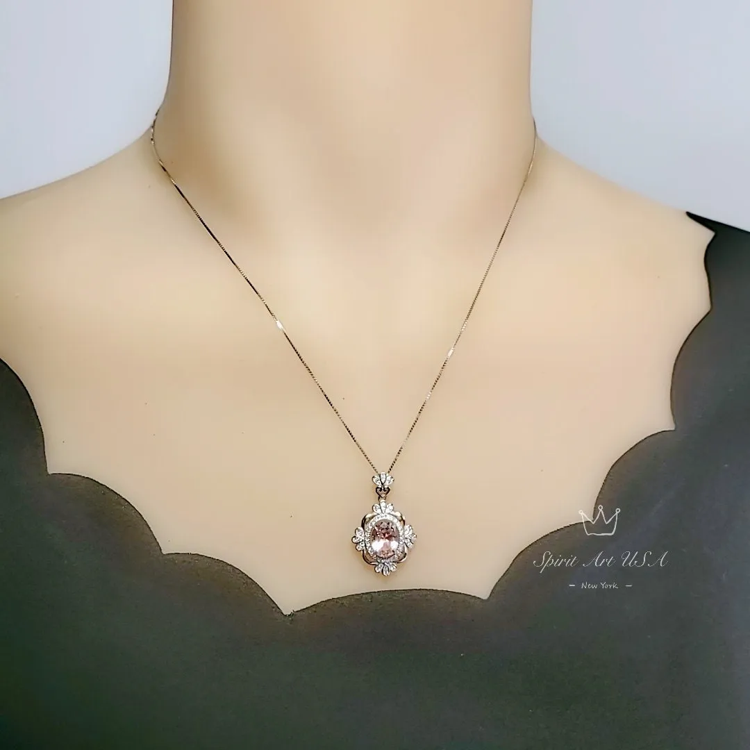 Pink Morganite Necklace - Sterling Silver Flower Gemstone 2.5 CT Morganite Pendant #643
