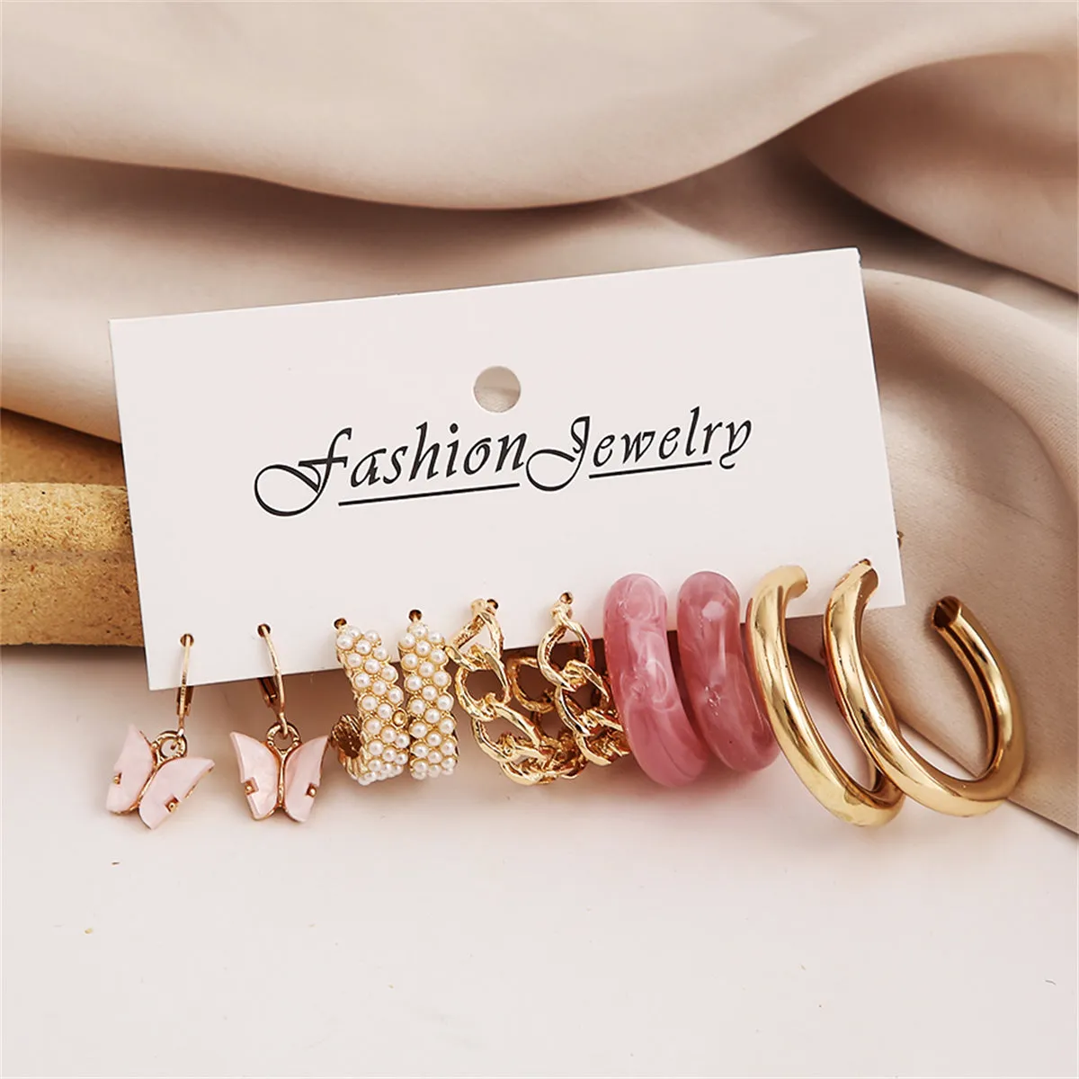 Pink Resin & Acrylic 18K Gold-Plated Butterfly Drop Huggie Earrings Set