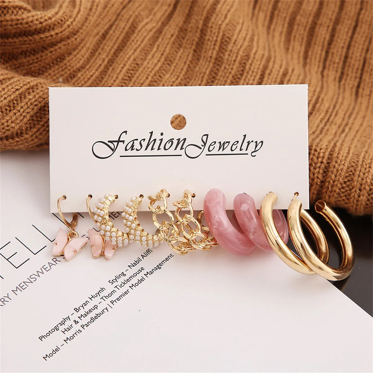 Pink Resin & Acrylic 18K Gold-Plated Butterfly Drop Huggie Earrings Set