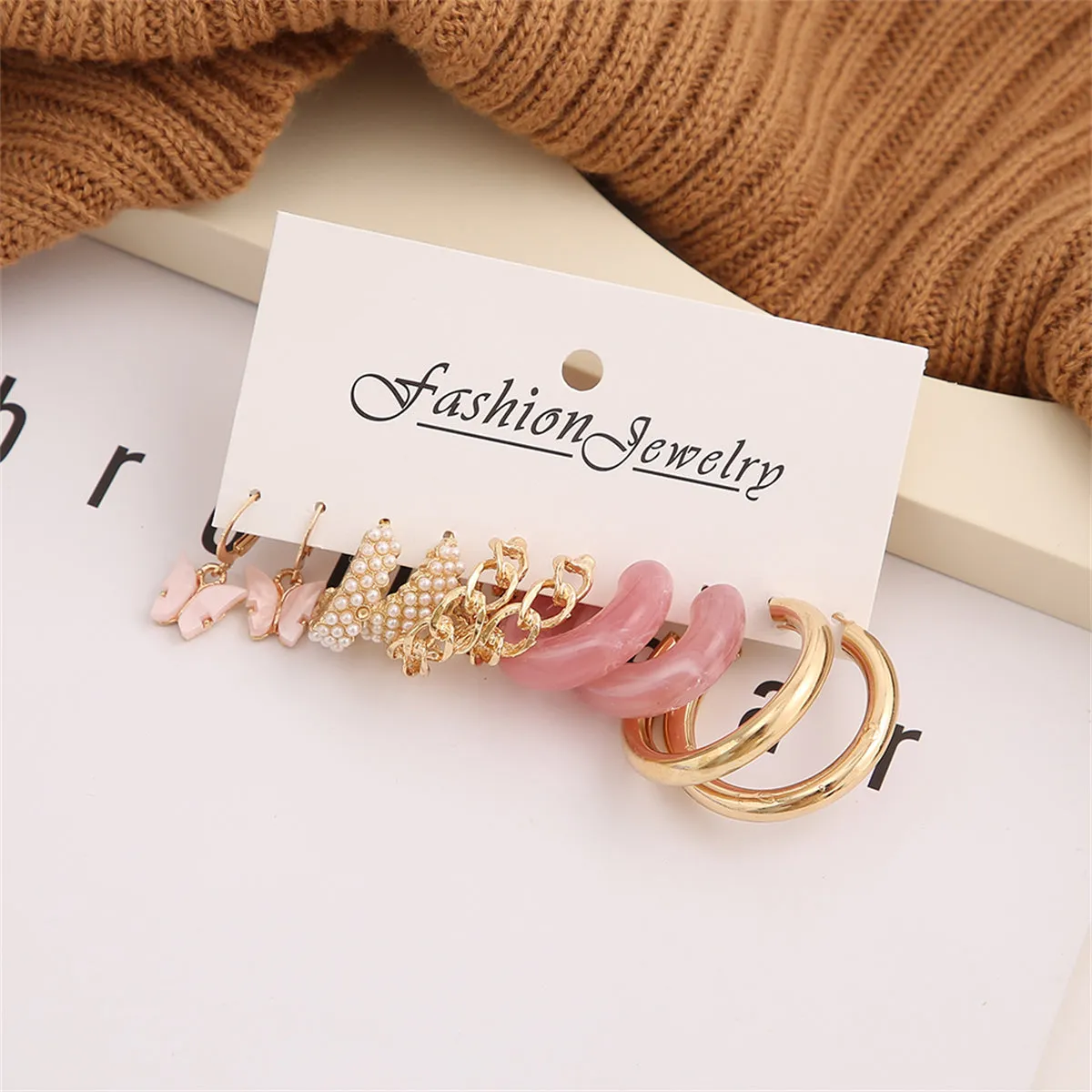 Pink Resin & Acrylic 18K Gold-Plated Butterfly Drop Huggie Earrings Set