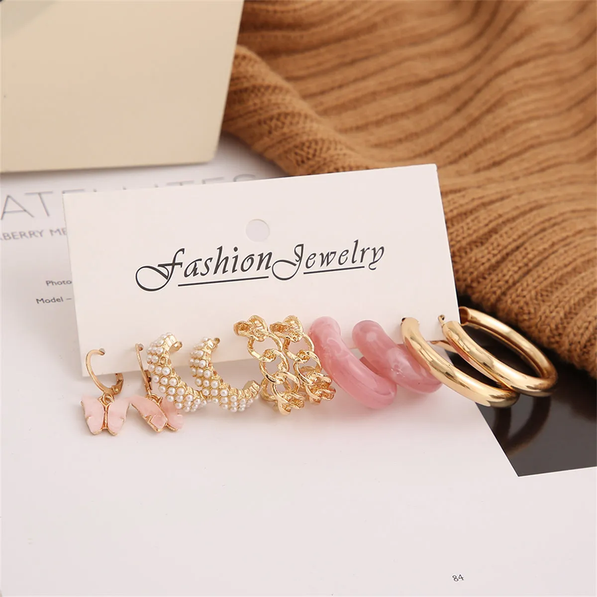 Pink Resin & Acrylic 18K Gold-Plated Butterfly Drop Huggie Earrings Set