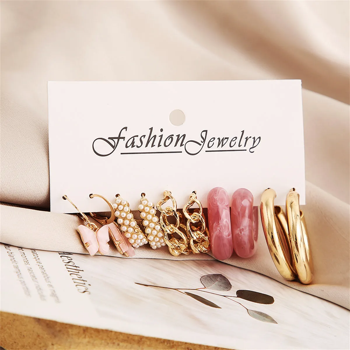 Pink Resin & Acrylic 18K Gold-Plated Butterfly Drop Huggie Earrings Set