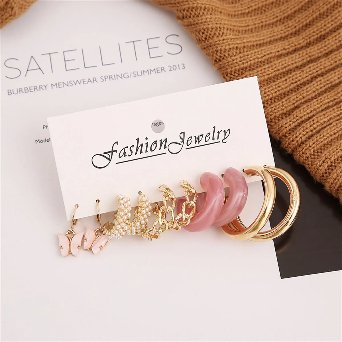 Pink Resin & Acrylic 18K Gold-Plated Butterfly Drop Huggie Earrings Set