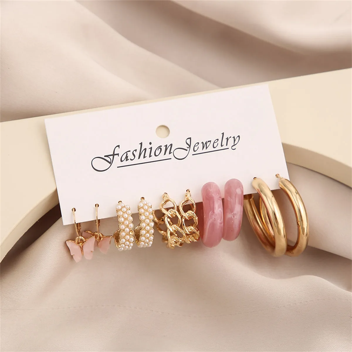 Pink Resin & Acrylic 18K Gold-Plated Butterfly Drop Huggie Earrings Set
