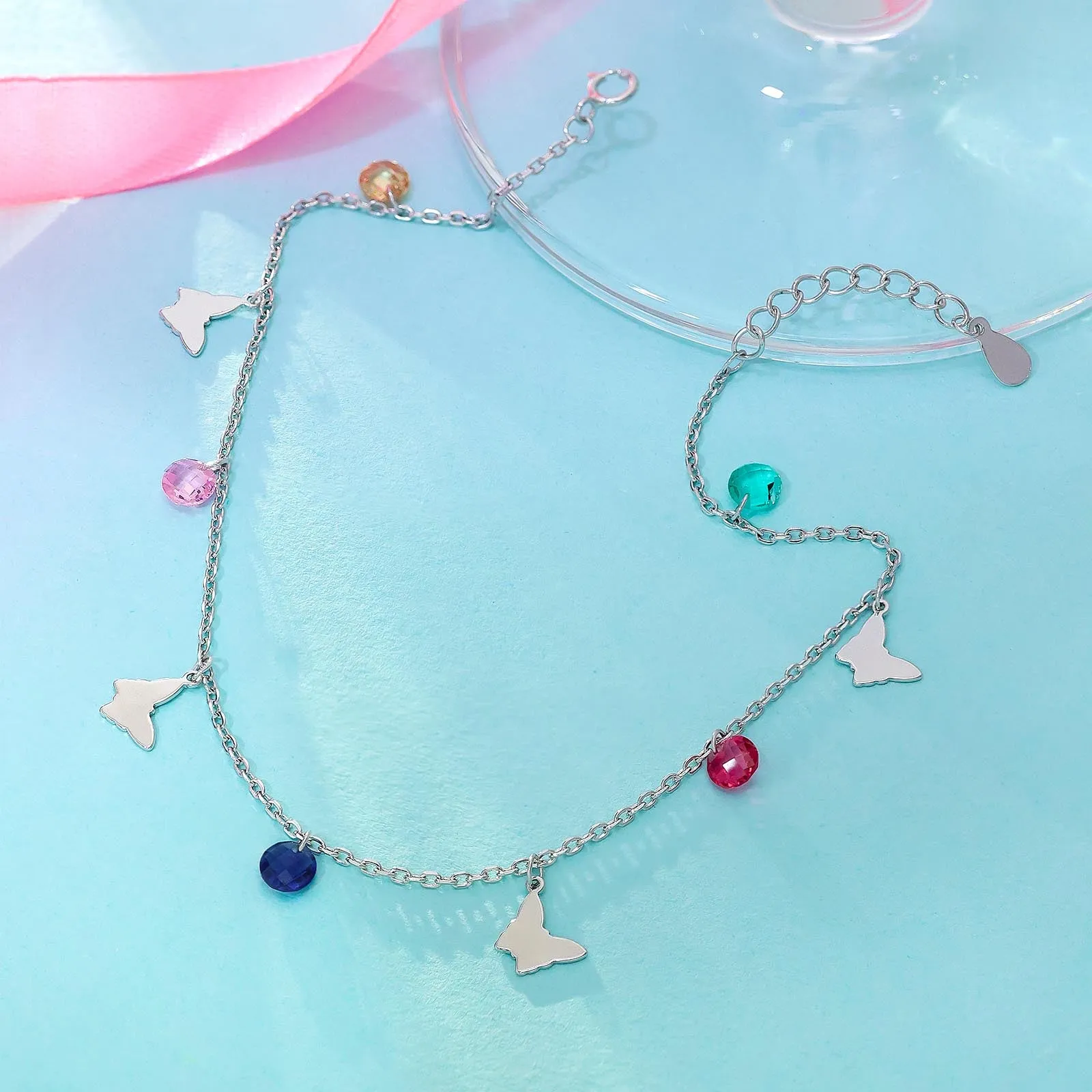 Pure Sterling Silver Multicolor Butterfly Anklet