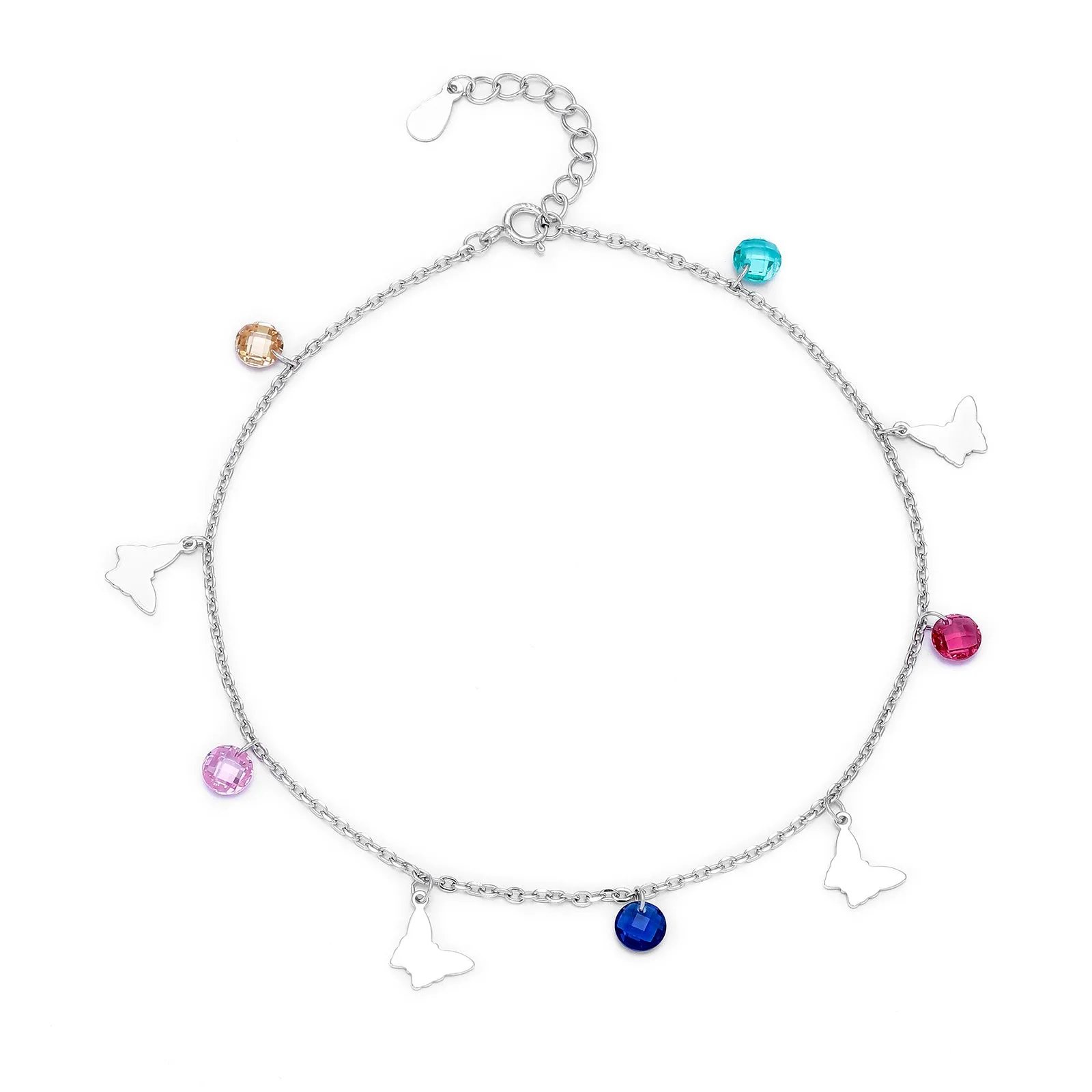 Pure Sterling Silver Multicolor Butterfly Anklet
