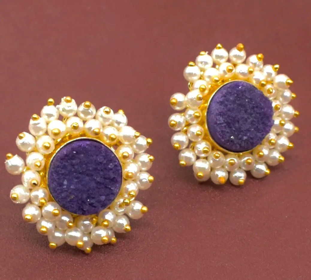 Purple Druzy and Pearl Cluster Gemstone Statement Earrings 1”