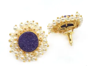Purple Druzy and Pearl Cluster Gemstone Statement Earrings 1”