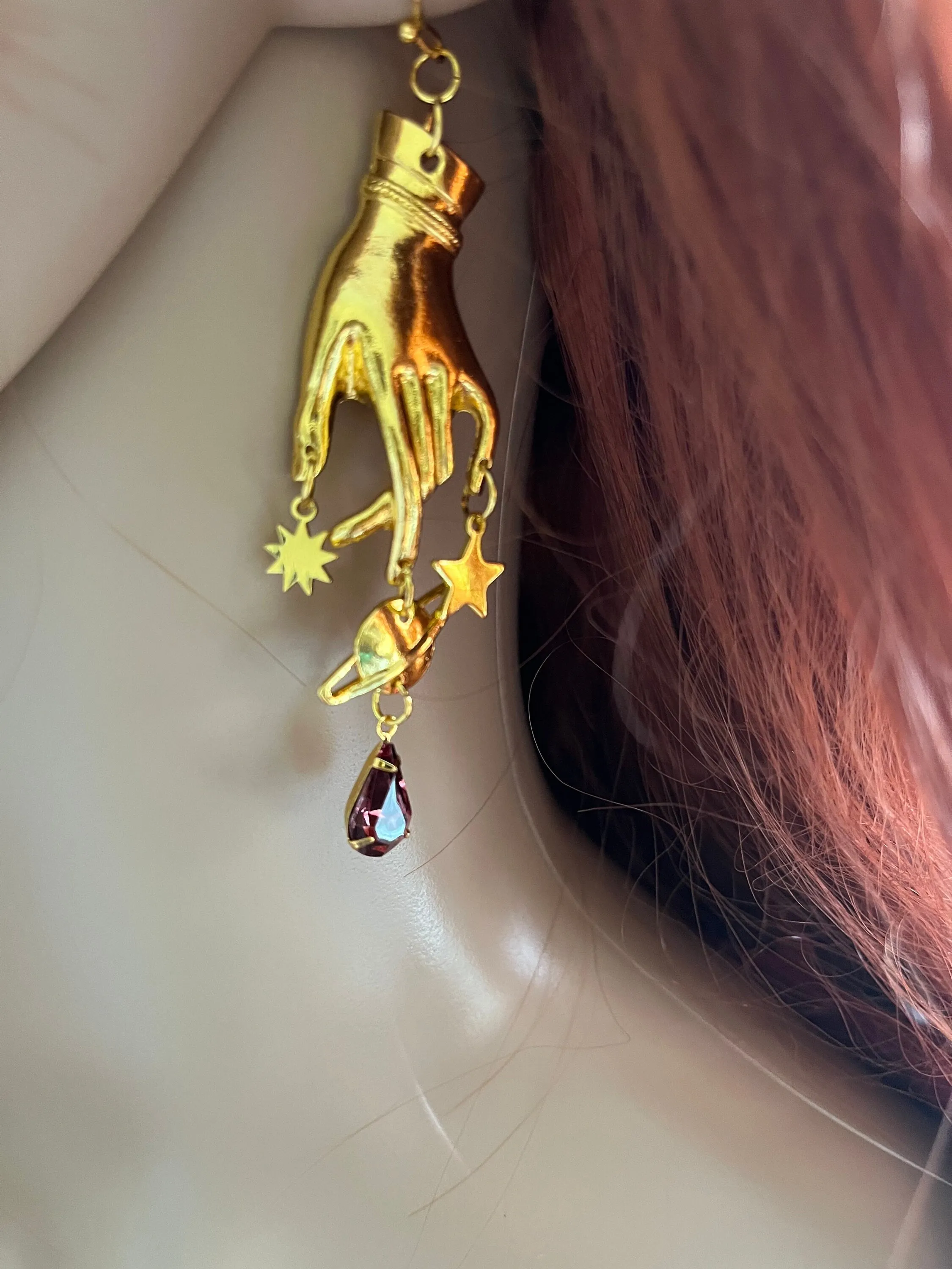 Purple earrings , long gothic earrings , hand palm earrings , astrology earring , celestial earrings , planet earrings