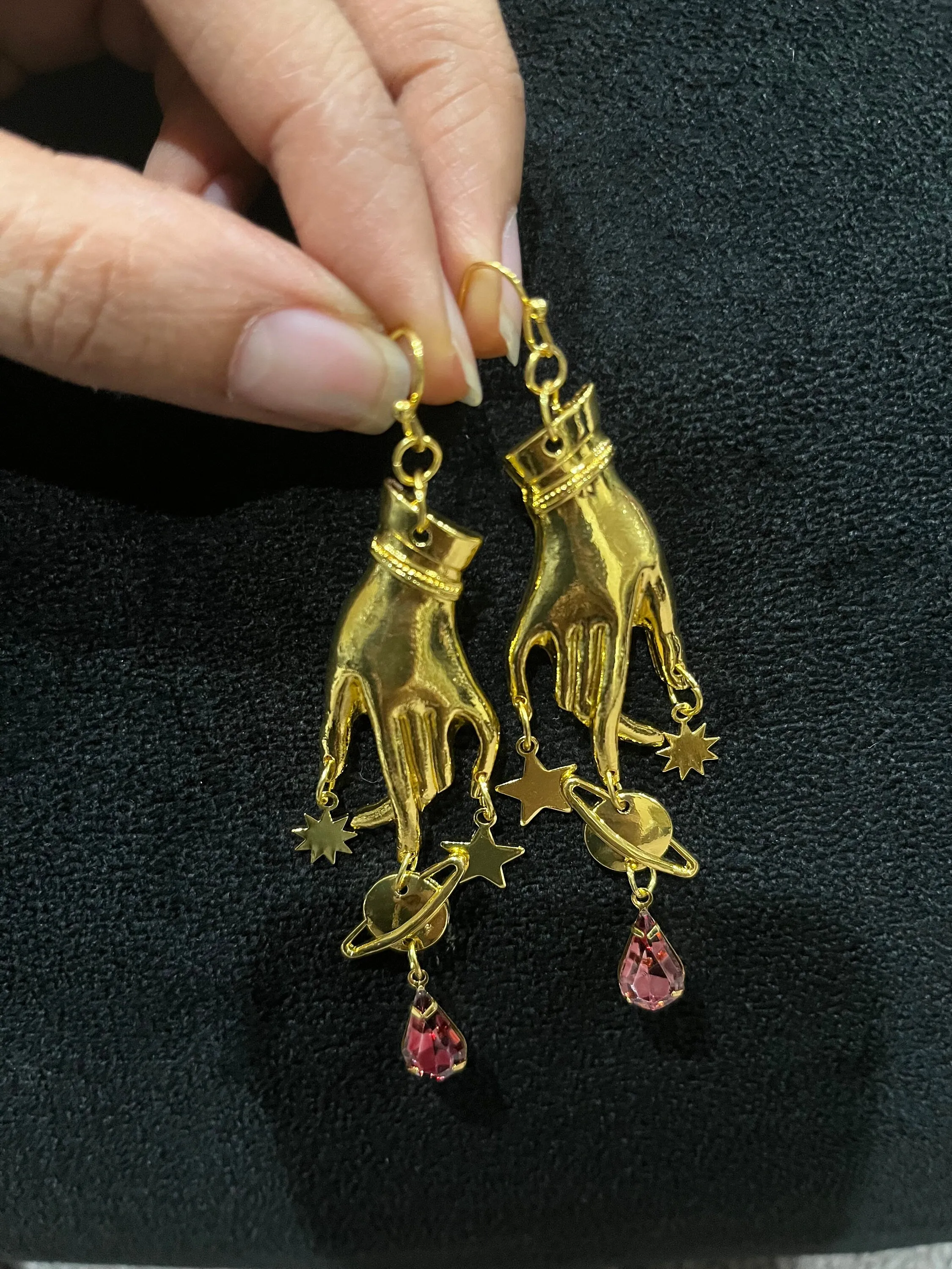 Purple earrings , long gothic earrings , hand palm earrings , astrology earring , celestial earrings , planet earrings