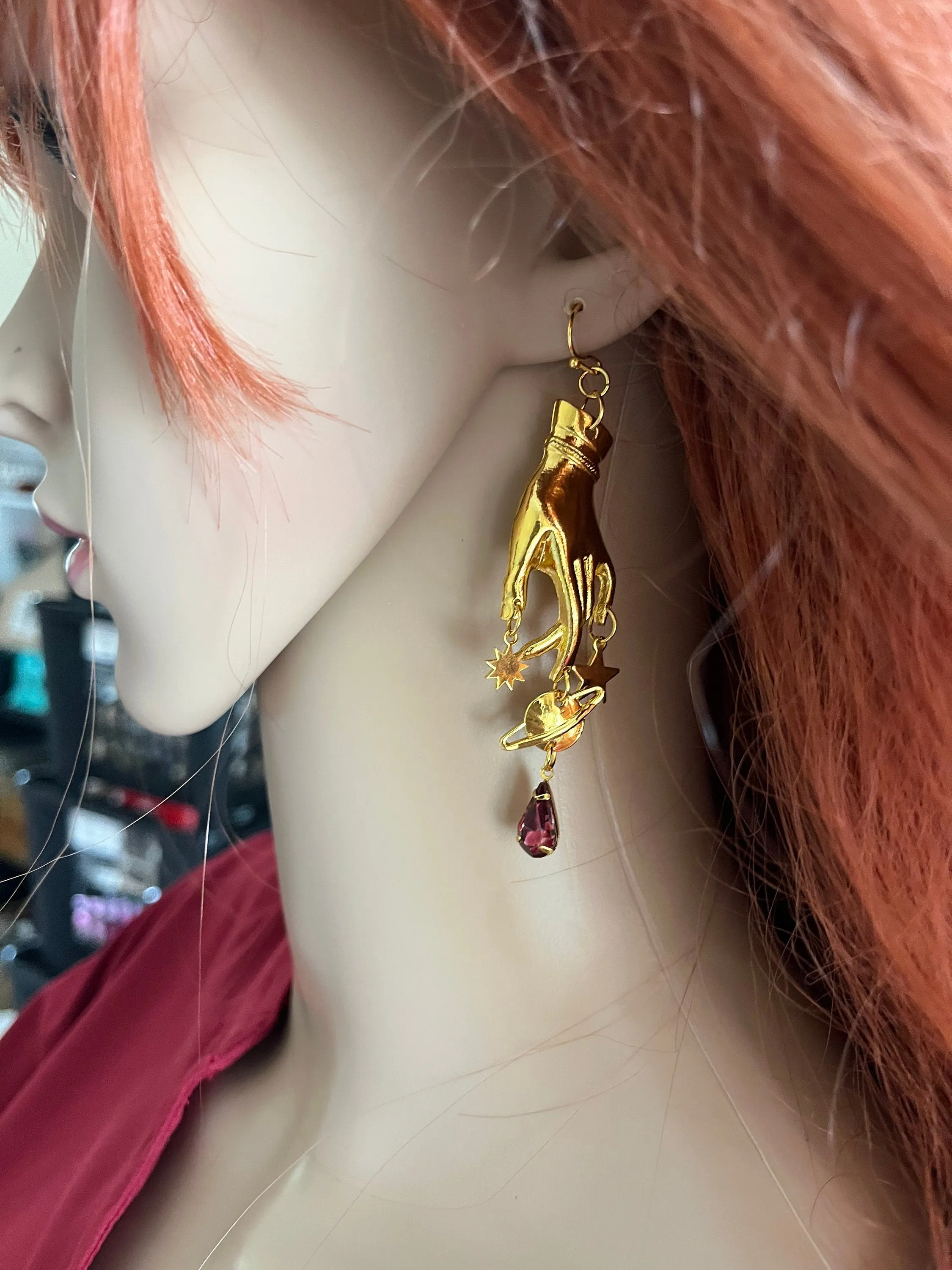 Purple earrings , long gothic earrings , hand palm earrings , astrology earring , celestial earrings , planet earrings