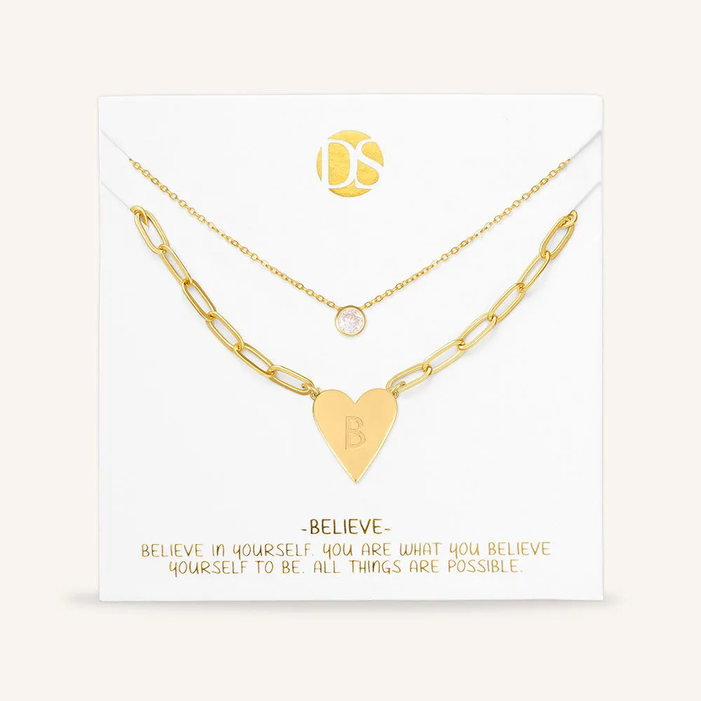 "Initial This" Set of Two Initial Heart & Solitaire Layering Necklaces