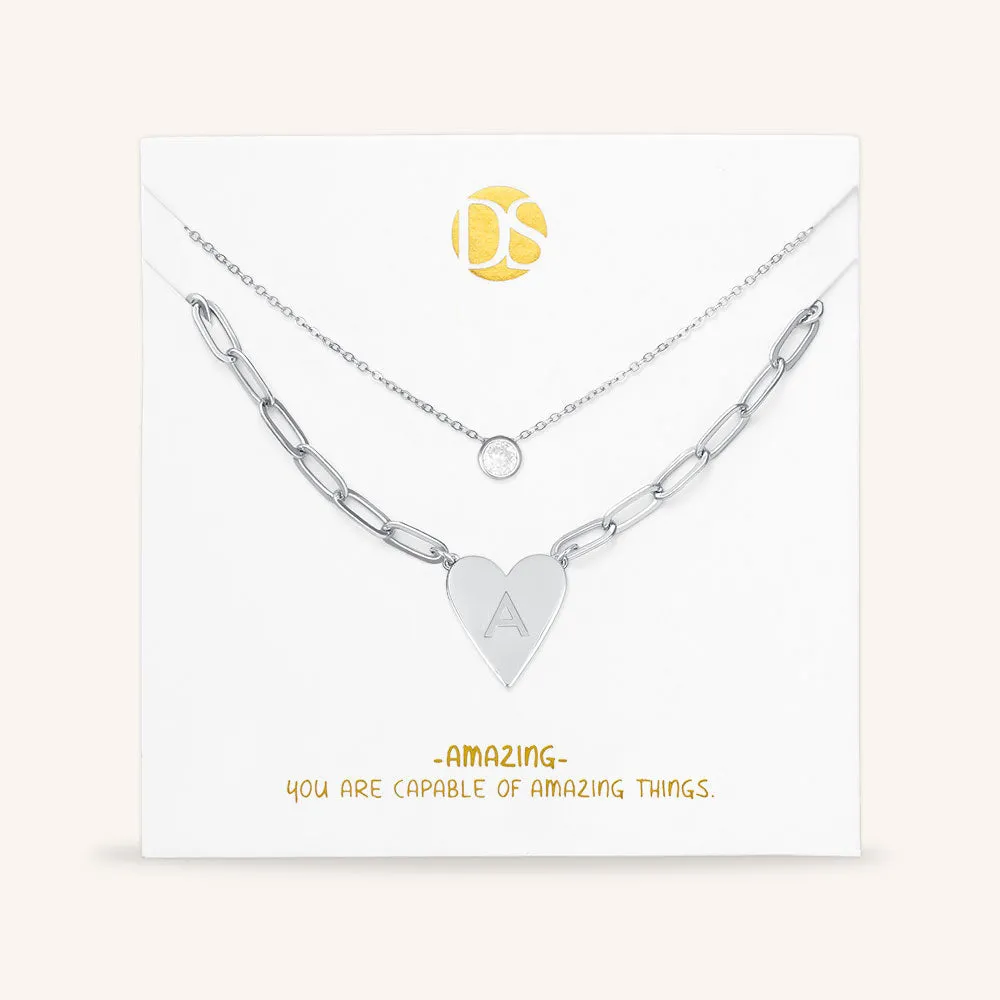 "Initial This" Set of Two Initial Heart & Solitaire Layering Necklaces