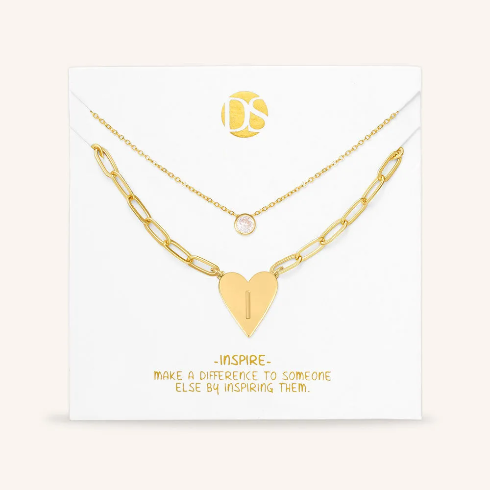 "Initial This" Set of Two Initial Heart & Solitaire Layering Necklaces