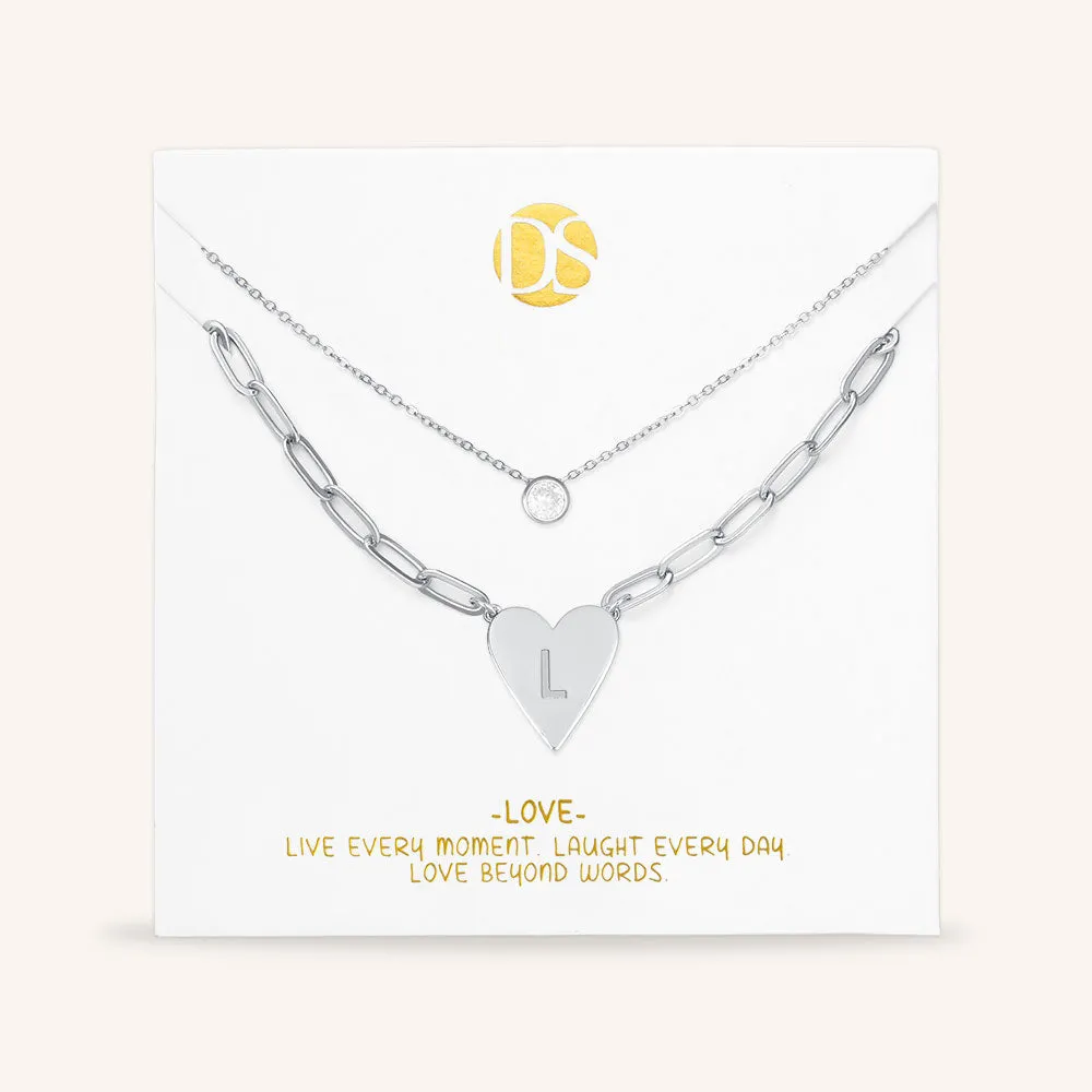 "Initial This" Set of Two Initial Heart & Solitaire Layering Necklaces
