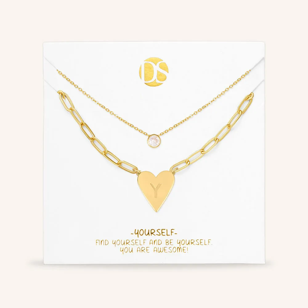 "Initial This" Set of Two Initial Heart & Solitaire Layering Necklaces