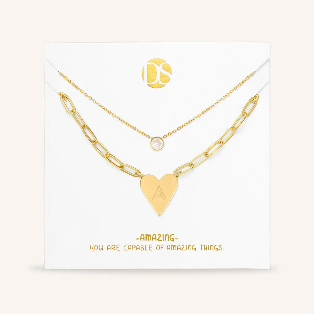 "Initial This" Set of Two Initial Heart & Solitaire Layering Necklaces
