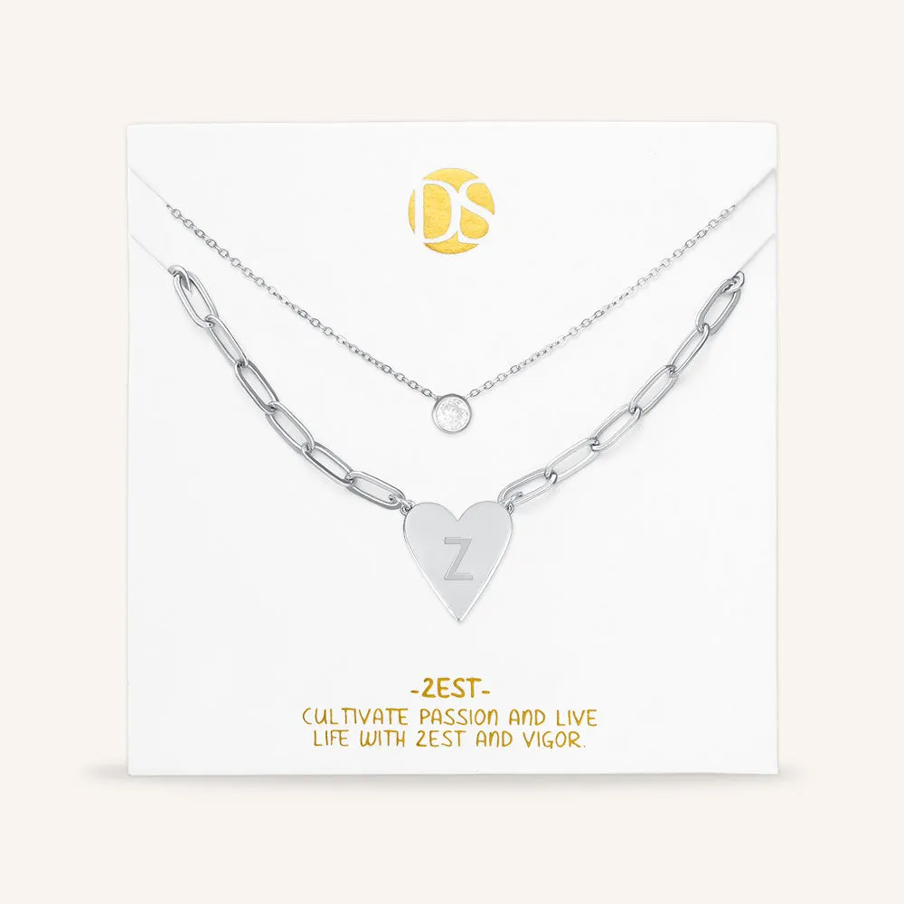 "Initial This" Set of Two Initial Heart & Solitaire Layering Necklaces