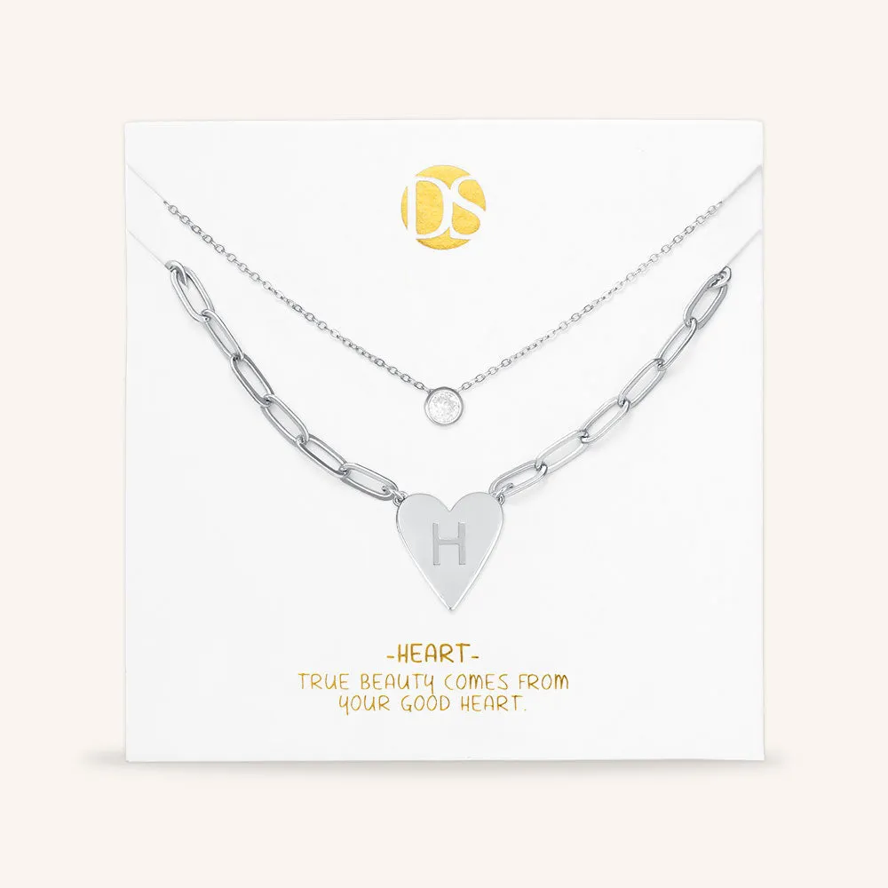 "Initial This" Set of Two Initial Heart & Solitaire Layering Necklaces