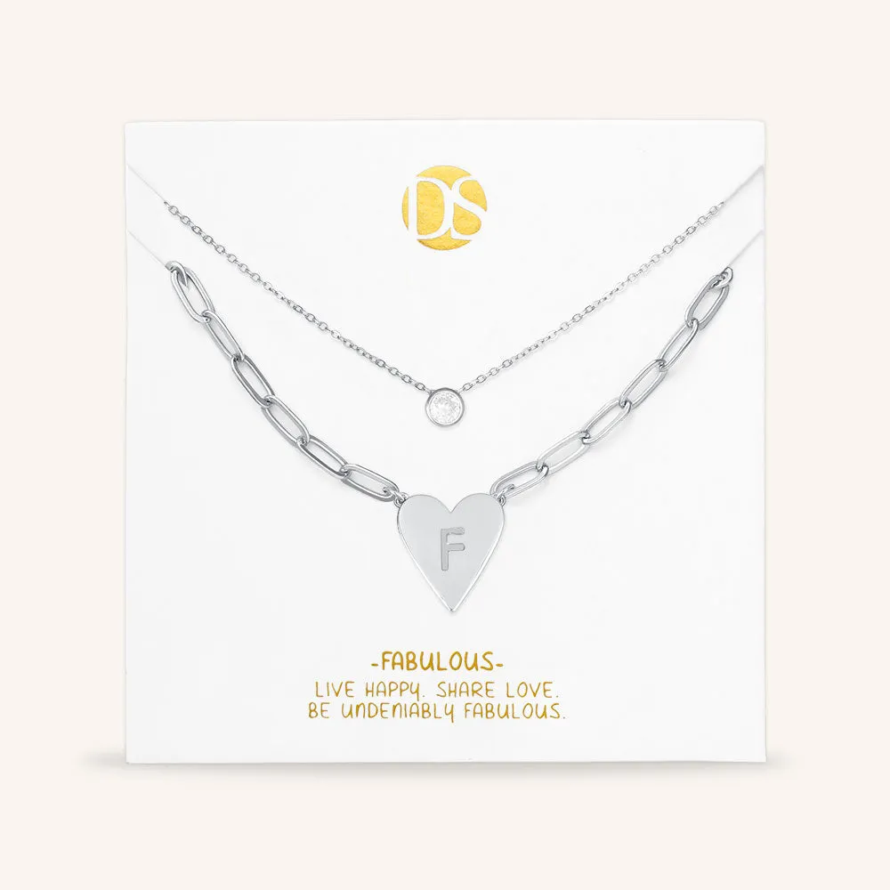 "Initial This" Set of Two Initial Heart & Solitaire Layering Necklaces