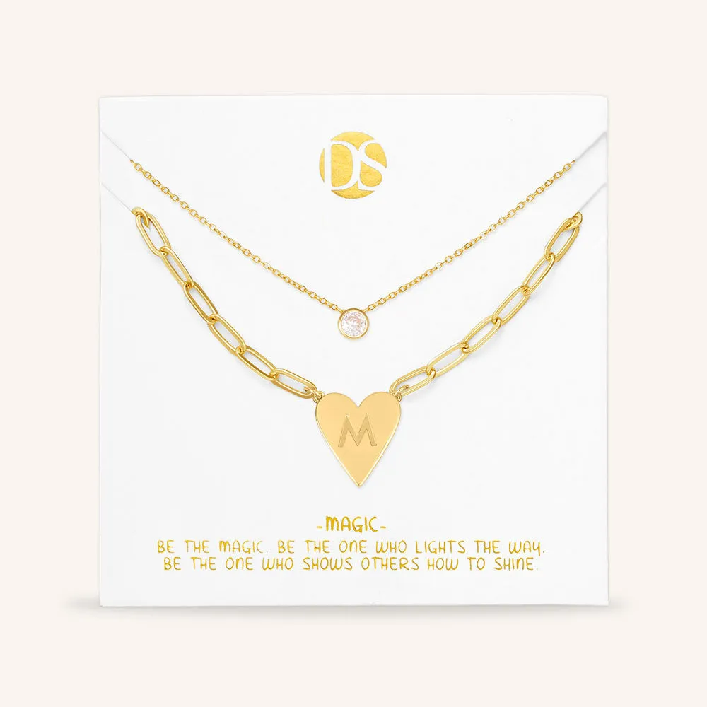 "Initial This" Set of Two Initial Heart & Solitaire Layering Necklaces