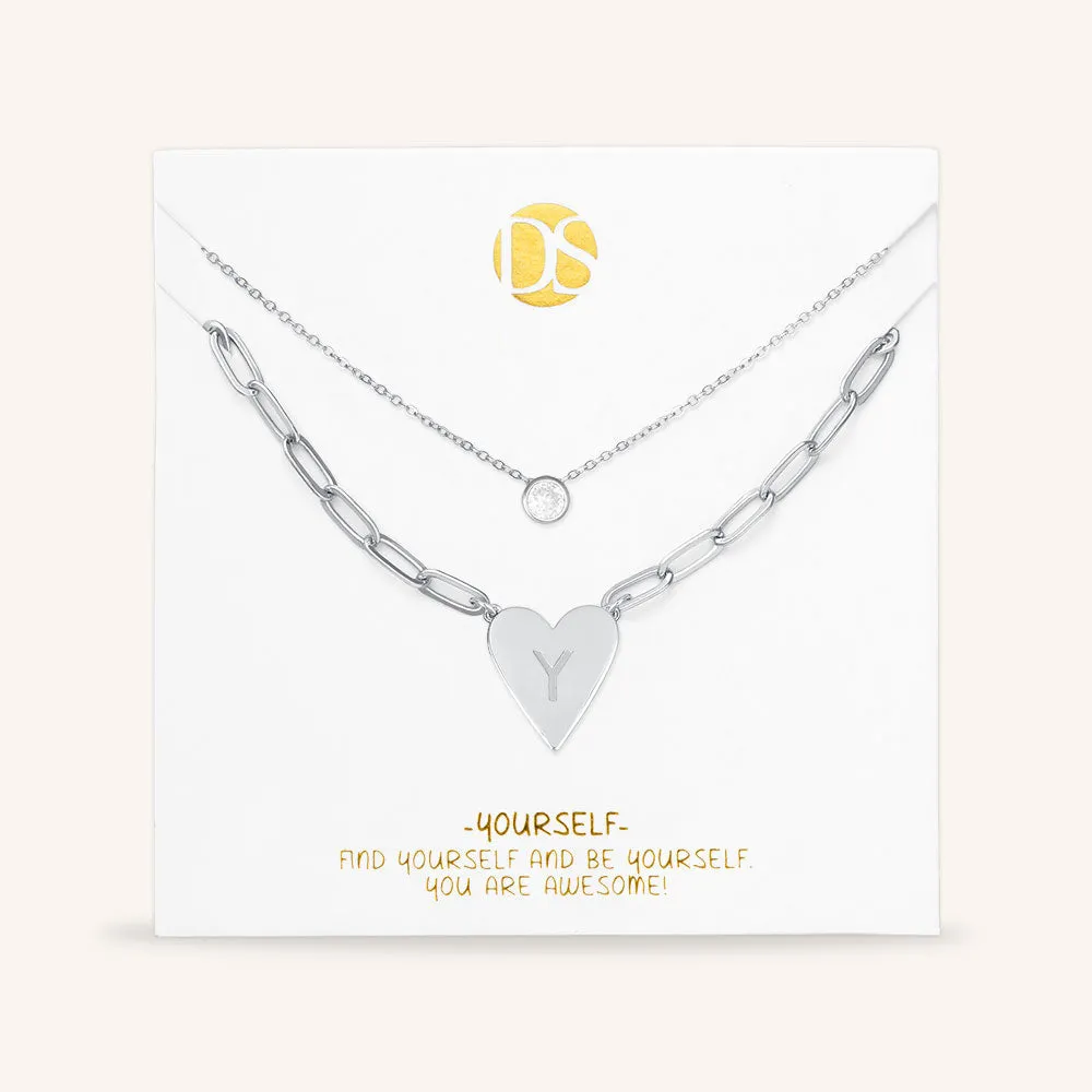 "Initial This" Set of Two Initial Heart & Solitaire Layering Necklaces