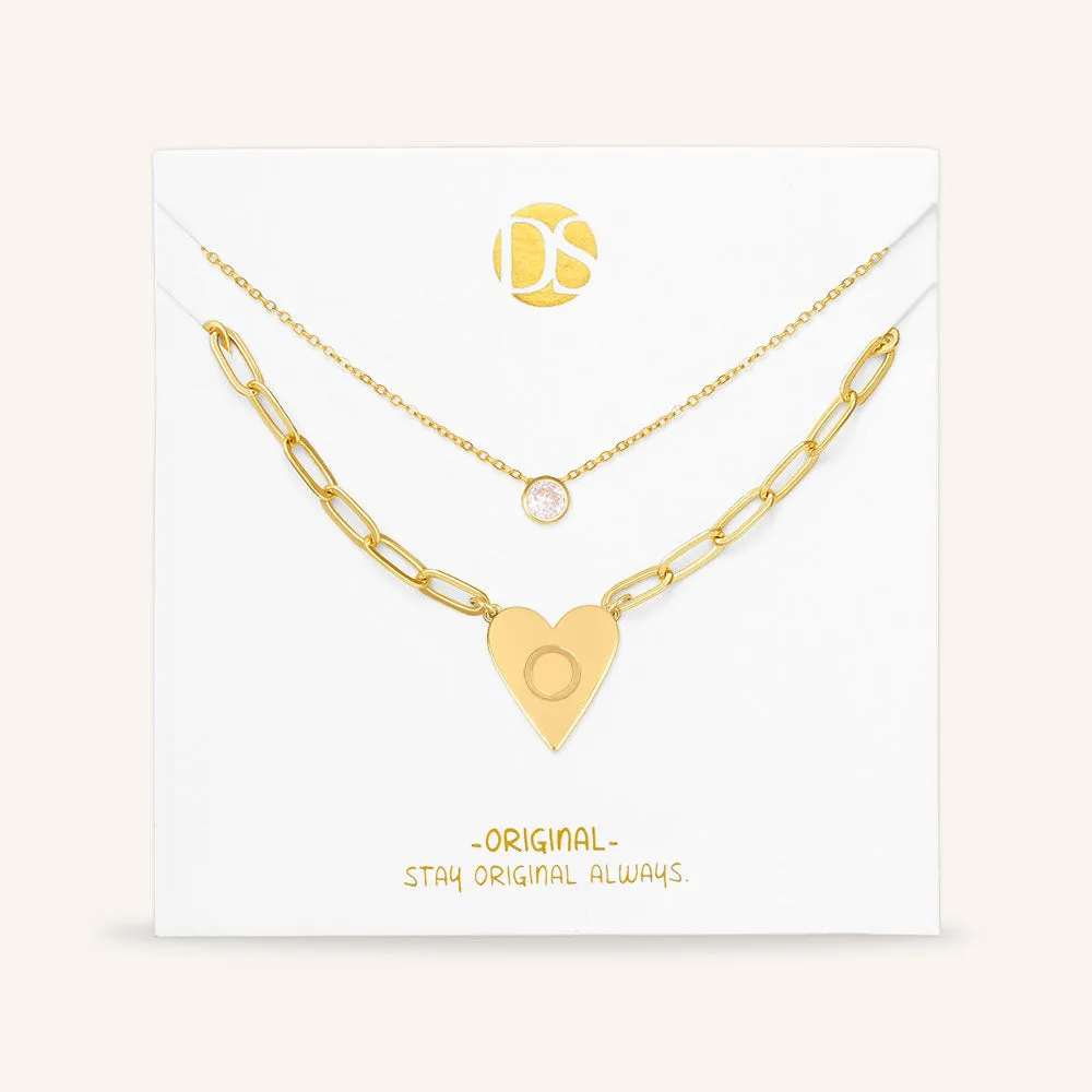 "Initial This" Set of Two Initial Heart & Solitaire Layering Necklaces