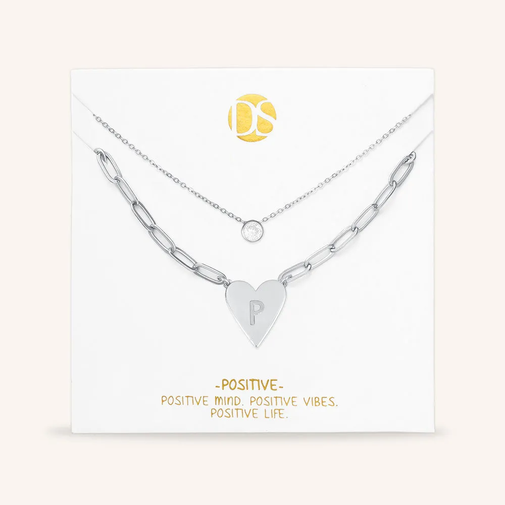 "Initial This" Set of Two Initial Heart & Solitaire Layering Necklaces