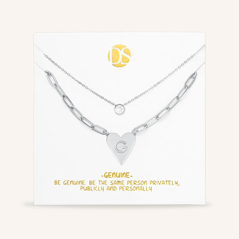 "Initial This" Set of Two Initial Heart & Solitaire Layering Necklaces