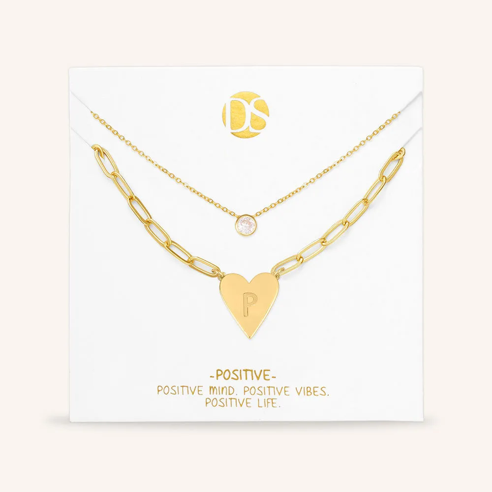 "Initial This" Set of Two Initial Heart & Solitaire Layering Necklaces