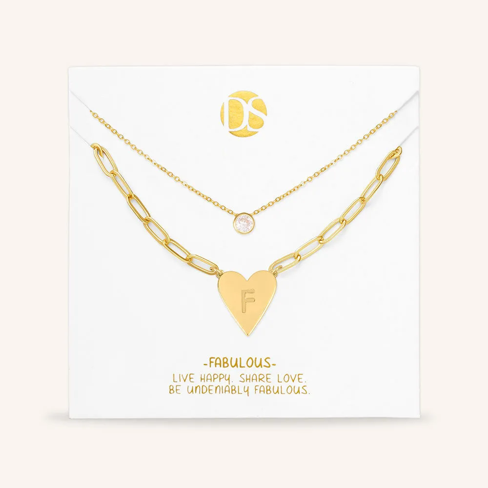 "Initial This" Set of Two Initial Heart & Solitaire Layering Necklaces