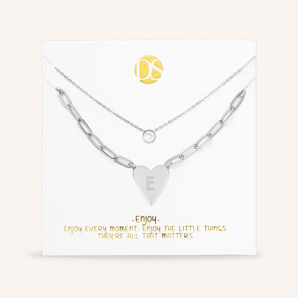 "Initial This" Set of Two Initial Heart & Solitaire Layering Necklaces