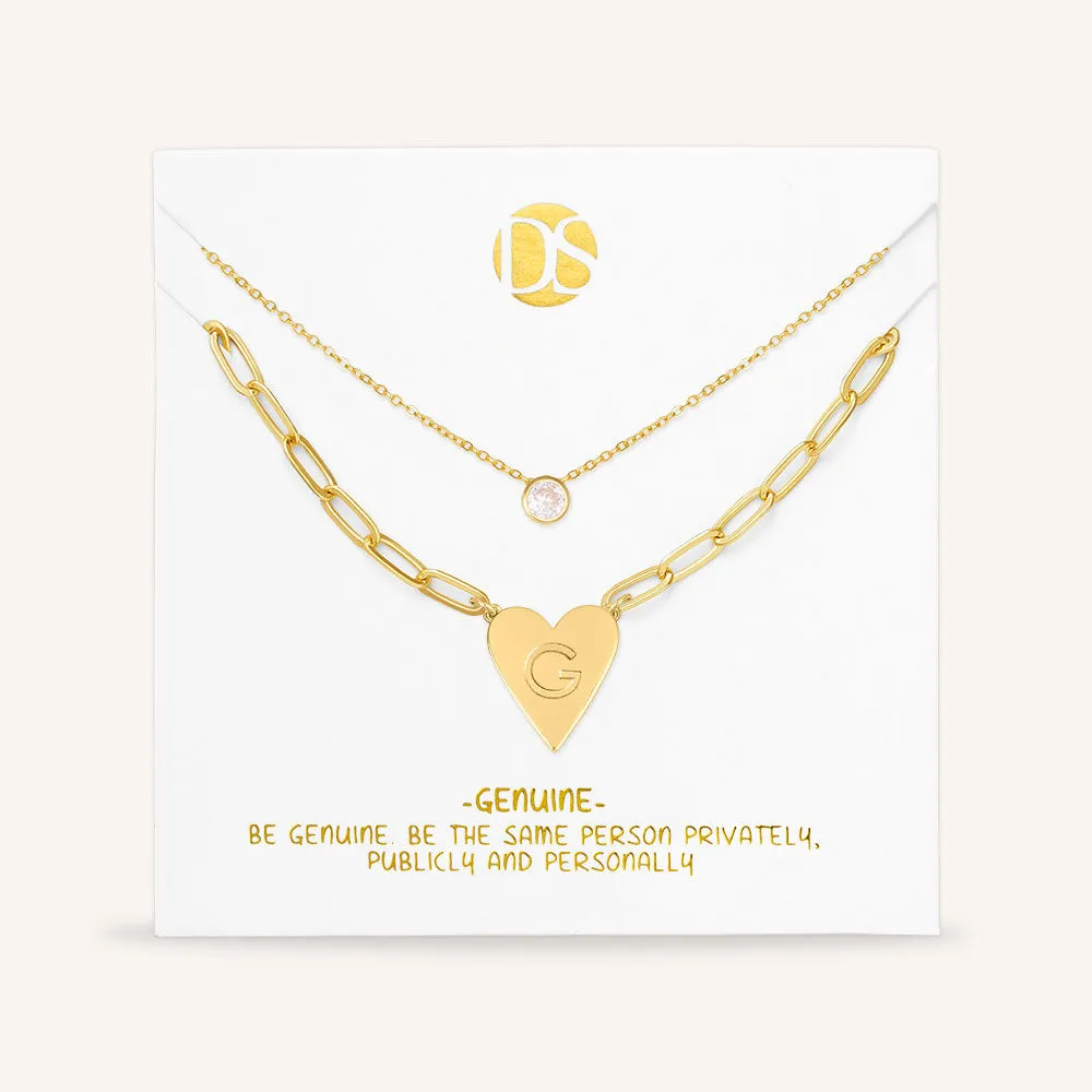 "Initial This" Set of Two Initial Heart & Solitaire Layering Necklaces
