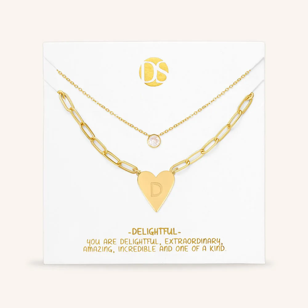 "Initial This" Set of Two Initial Heart & Solitaire Layering Necklaces