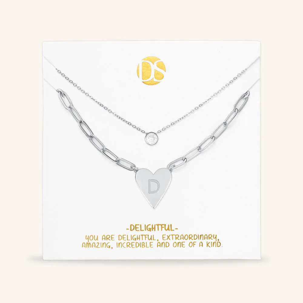 "Initial This" Set of Two Initial Heart & Solitaire Layering Necklaces