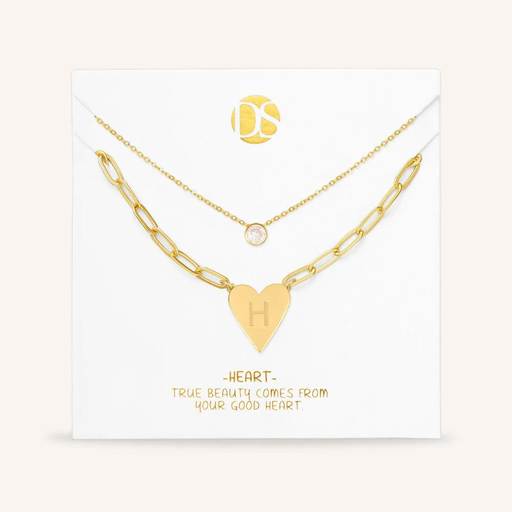 "Initial This" Set of Two Initial Heart & Solitaire Layering Necklaces