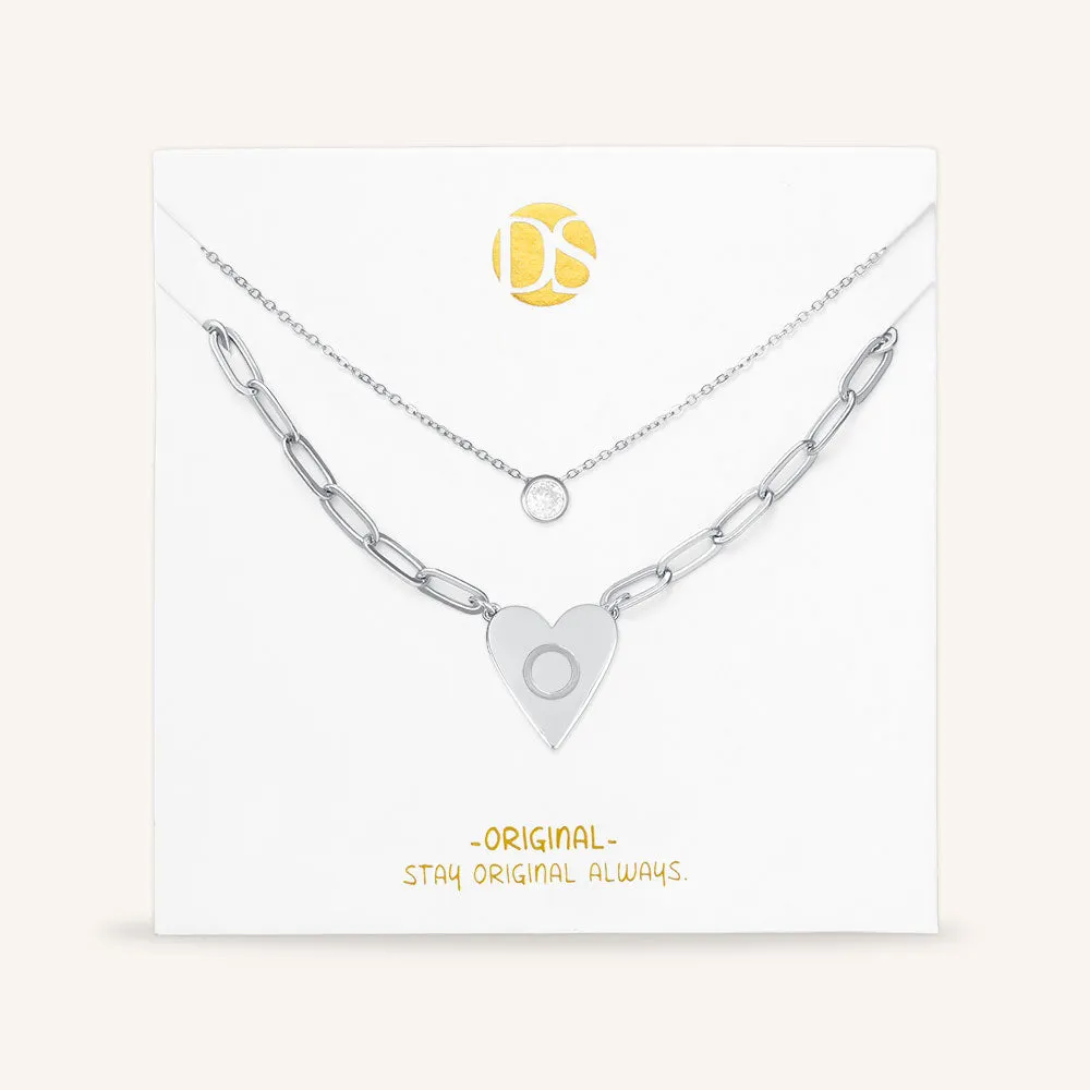 "Initial This" Set of Two Initial Heart & Solitaire Layering Necklaces