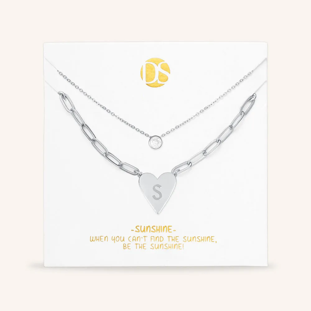 "Initial This" Set of Two Initial Heart & Solitaire Layering Necklaces