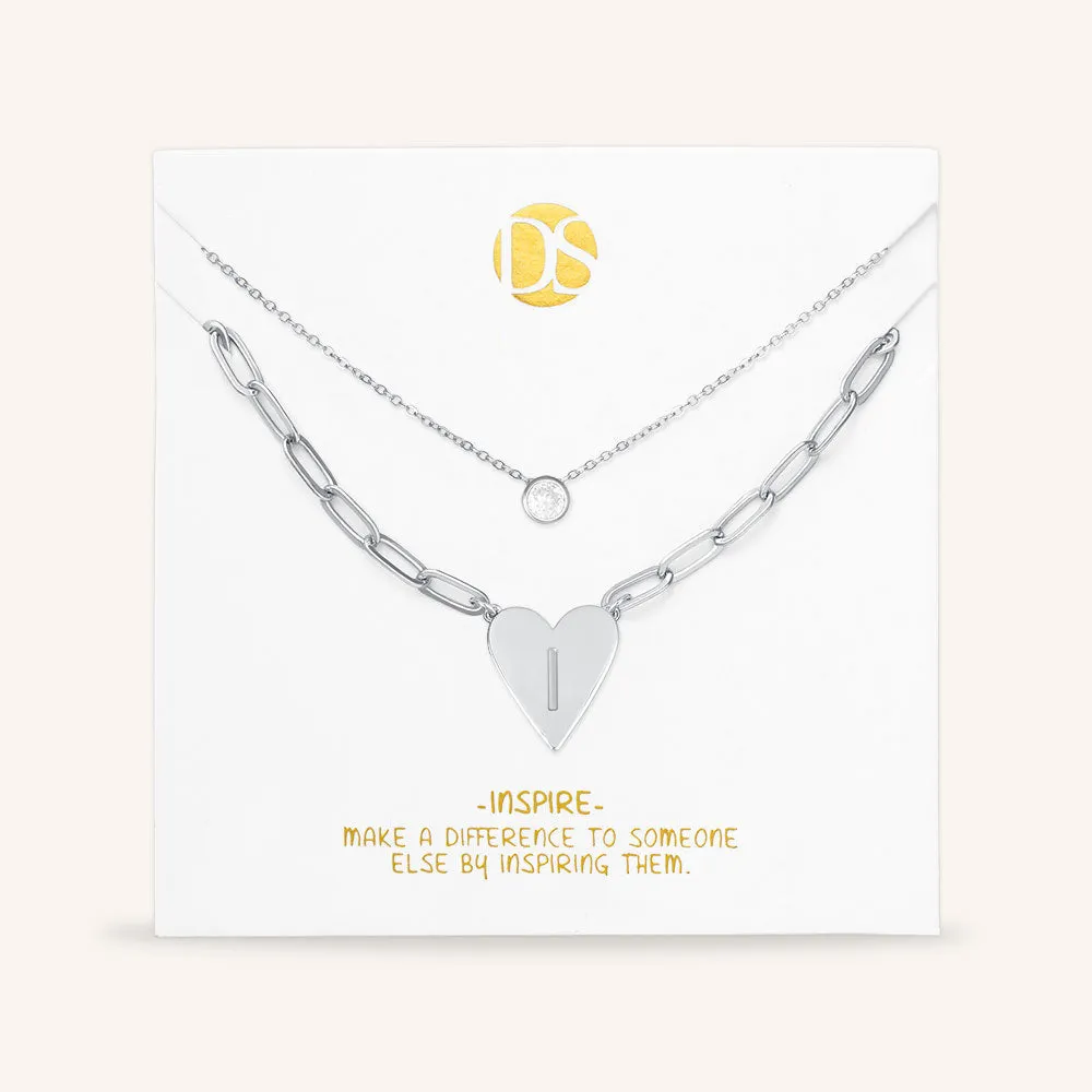 "Initial This" Set of Two Initial Heart & Solitaire Layering Necklaces