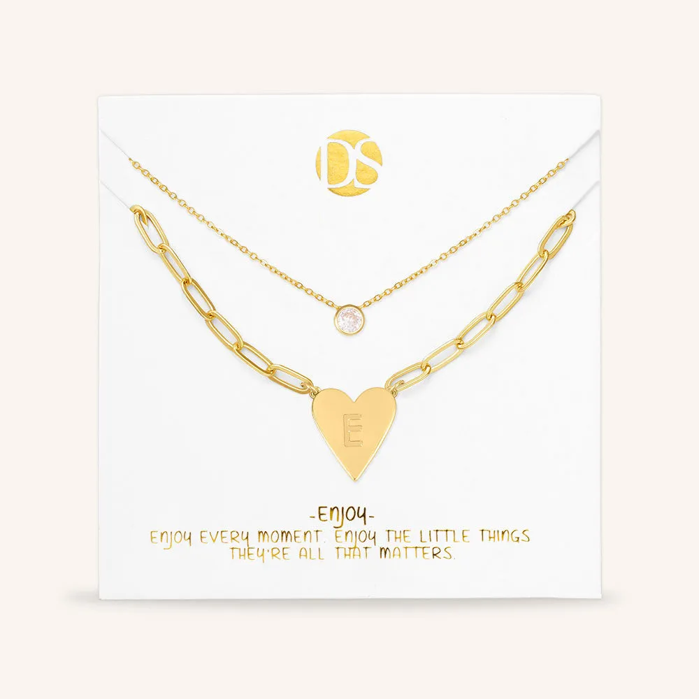 "Initial This" Set of Two Initial Heart & Solitaire Layering Necklaces