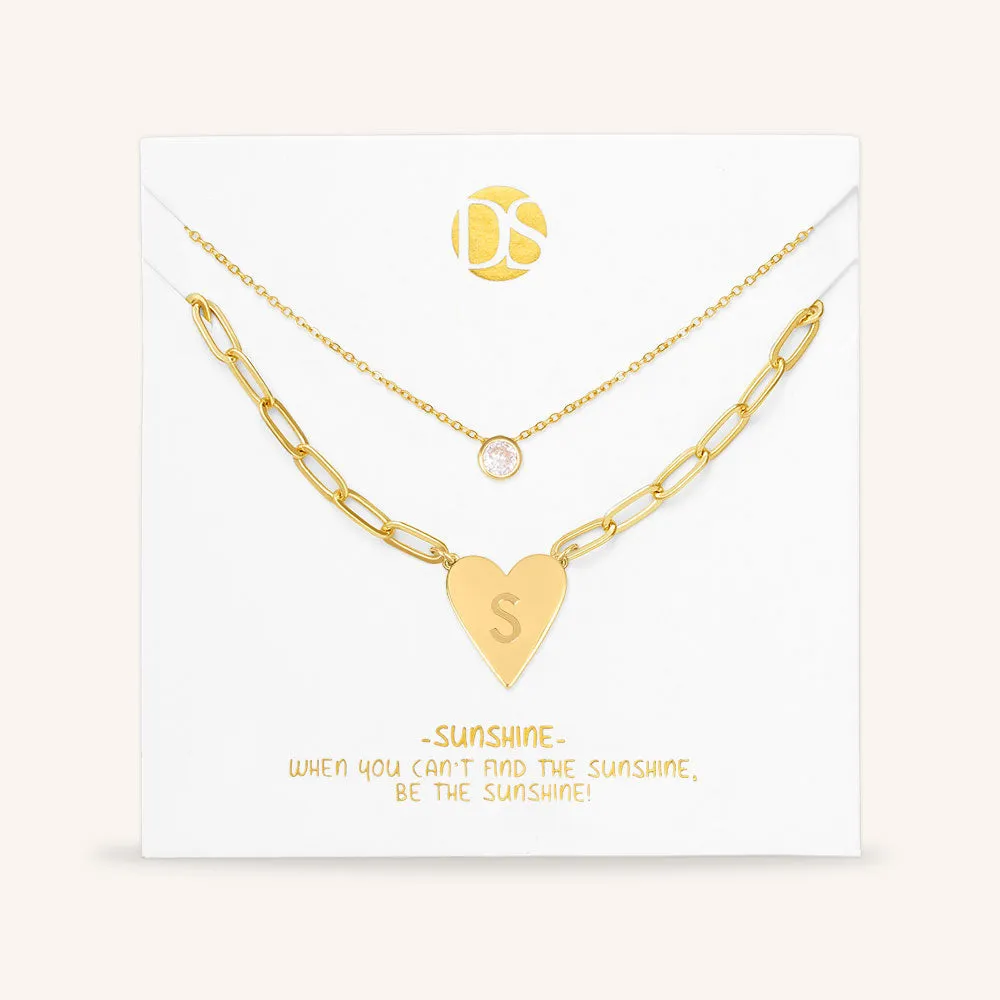 "Initial This" Set of Two Initial Heart & Solitaire Layering Necklaces