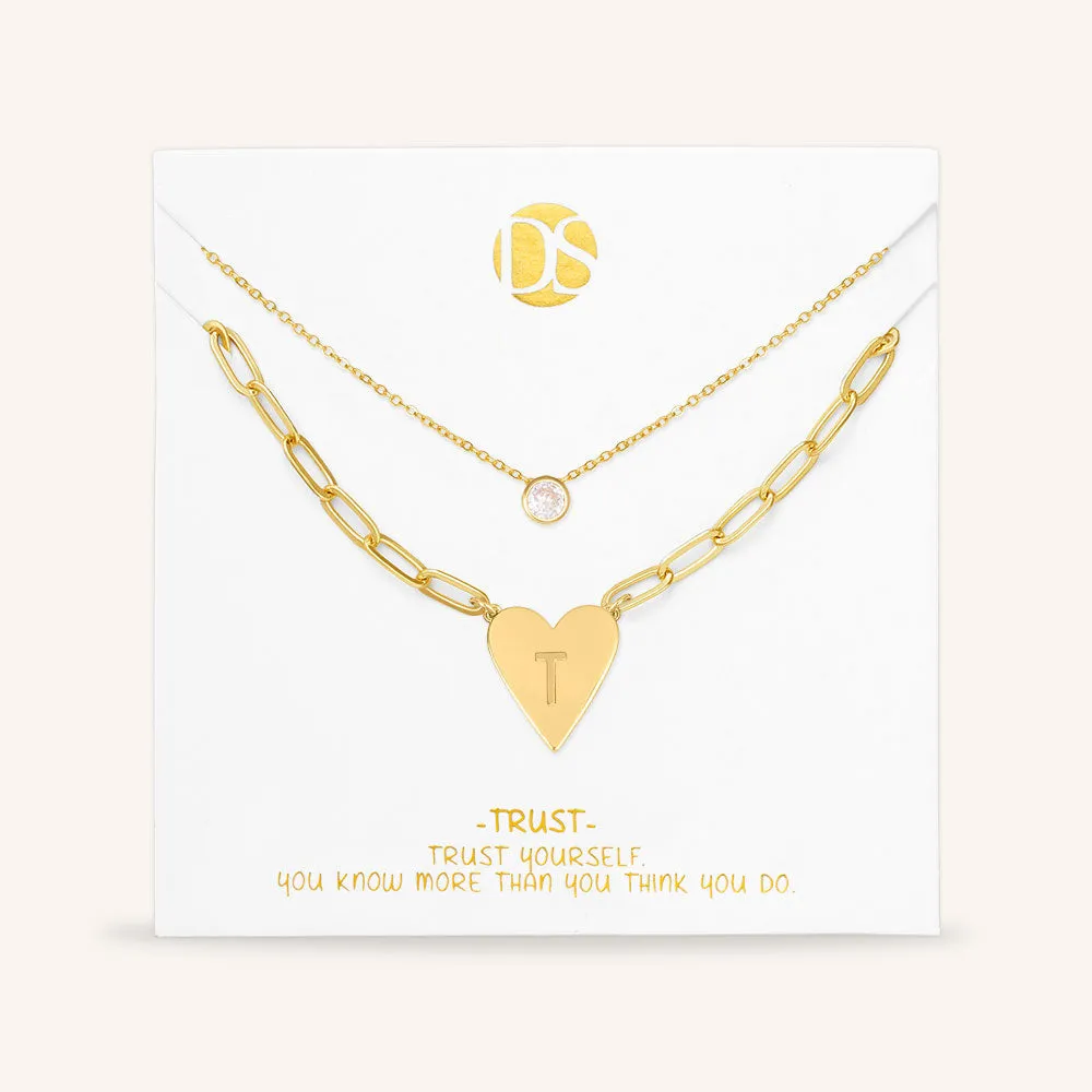 "Initial This" Set of Two Initial Heart & Solitaire Layering Necklaces