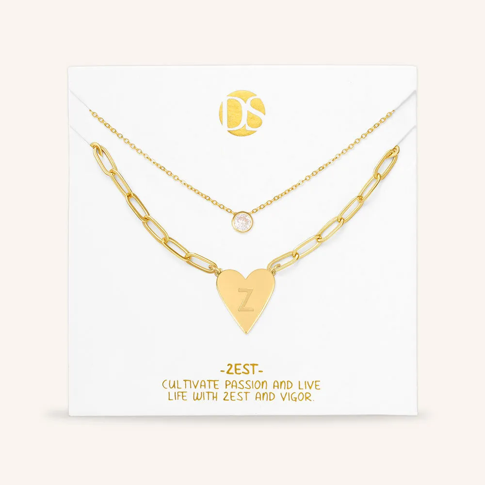 "Initial This" Set of Two Initial Heart & Solitaire Layering Necklaces