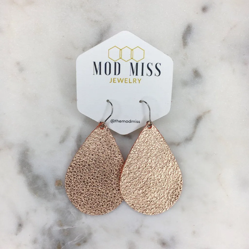 "Jill" Metallic Rose Gold Leather Teardrop Earrings