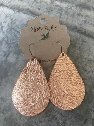 "Jill" Metallic Rose Gold Leather Teardrop Earrings