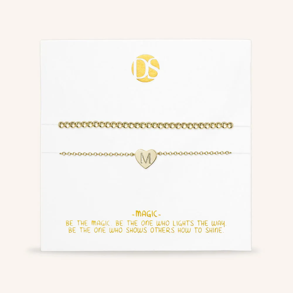 "Love Letter" Set of Two Initial Charm & Polished Beads Layering Anklets